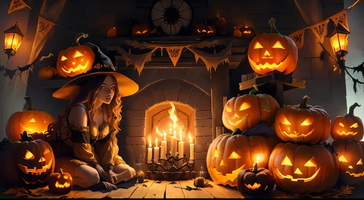 there is a lareira with carved pumpkins and candles in it, lareira rugindo, halloween scene, atmosfera de halloween, tema de halloween, in fantasy tavern near lareira, cosy lareira, obturador, fundo mágico assustador, arte de fundo, spooky tema de hallowee...