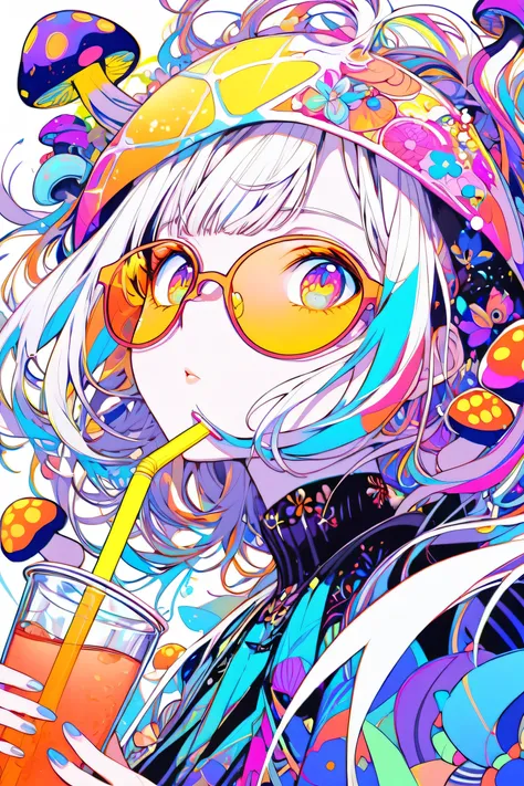  touch of Eguchi Hisashi. A cool and cute anime style illustration of a woman looking forward and looking up. drinking a kombucha through a straw He has beautiful eyes and thin sunglasses. Her hair is black and decorated with mushrooms and zetas, the woman...