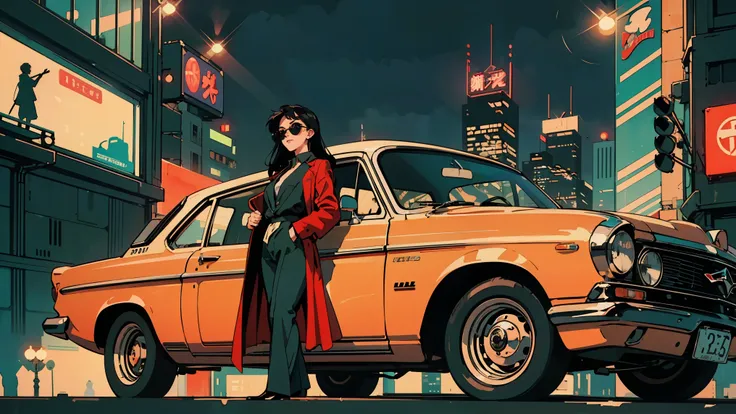 Best Quality, 8k, 1990s Style, 2010s hairstyle ,A nighttime city drive scene viewed from a side perspective, where a 21 year old girl, Black Hair , Long Hair, red rip gross, retro sunglasses, sits in the passenger seat of a vintage car, formal red suit and...