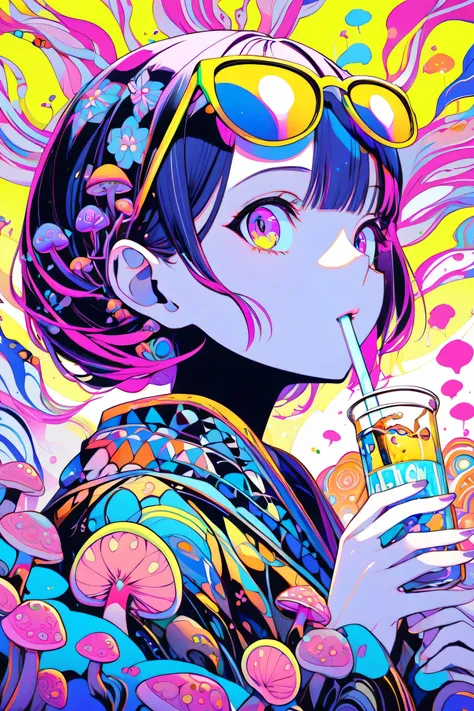  touch of Eguchi Hisashi. A cool and cute anime style illustration of a woman looking forward and looking up. drinking a kombucha through a straw He has beautiful eyes and thin sunglasses. Her hair is black and decorated with mushrooms and zetas, the woman...