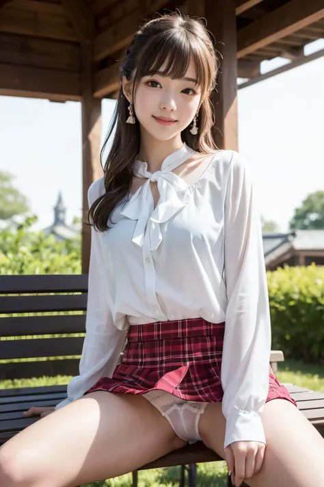 1 young girl,very cute and beautiful japanese teen actress,highly detailed beautiful face, white blouse,long sleeve,sitting on bench,spread legs,laced white panties,(smile),happy,looking at viewer,hime cut,hair ribbon BREAK dynamic angle,flower garden,eleg...