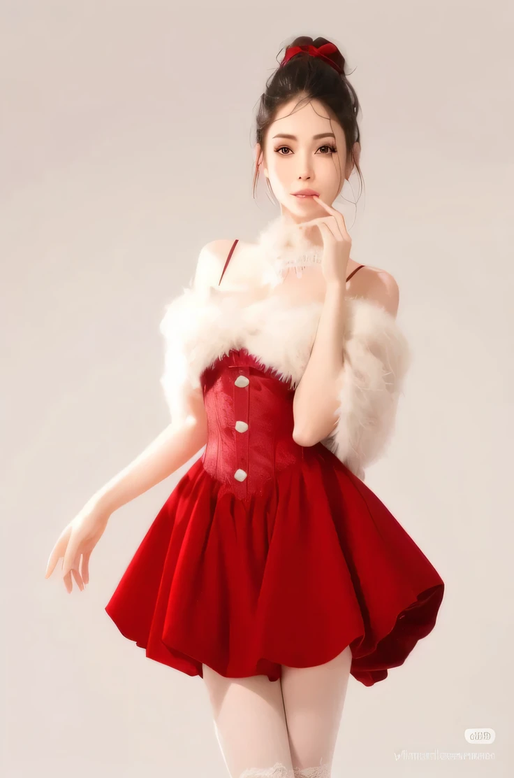  looking in the front, cuerpo completo, soft legs,  red Christmas dress ,  white plush around the dress, red corset, legs without stockings , soft hands, tender face, suave,  big eyes, soft hands, doll lips,  flushed cheeks , brown eyes, breasts, smile,  l...