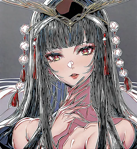 Prompt:

Create an image of a beautiful Japanese woman resembling Nyotengu from Dead or Alive. She has long straight black hair styled in a Hime Cut, flowing elegantly down to the middle of her back with straight, sleek strands. Her fringe is cut perfectly...