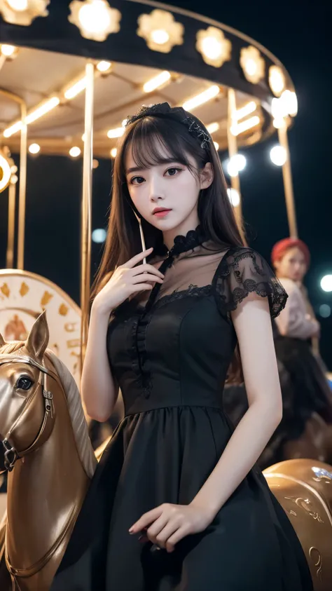 (8k, RAW photo, best quality, masterpiece:1.2), (realistic, photo-realistic:1.37) , 1girl, (carousel, night), miaoxiaoji(secret_tea), detailed face, detailed eyes, black dress