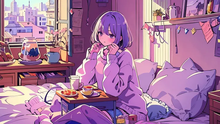  Detailed Anime Girl ,  wearing a large sweater , 、Wear T-shirts with devil words in them , praise, Quiet, Quiet雰囲気, cold,  Looking Out the Window in the Bedroom ,   knight , quiet   knight ,   masterpieces during breakfast ,  top quality, study