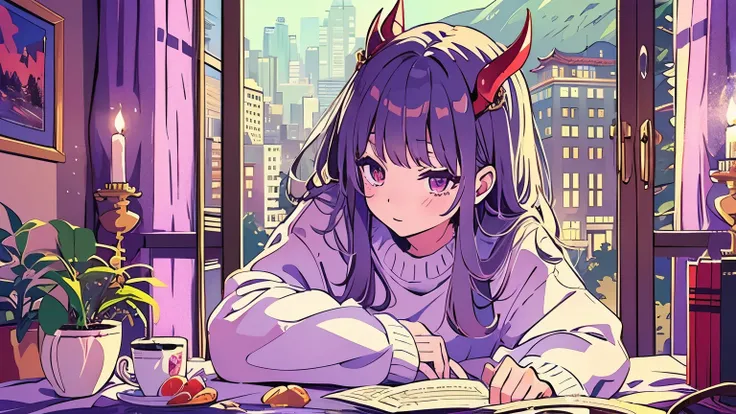  Detailed Anime Girl ,  wearing a large sweater , 、Wear T-shirts with devil words in them , praise, Quiet, Quiet雰囲気, cold,  Looking Out the Window in the Bedroom ,   knight , quiet   knight ,   masterpieces during breakfast ,  top quality, study