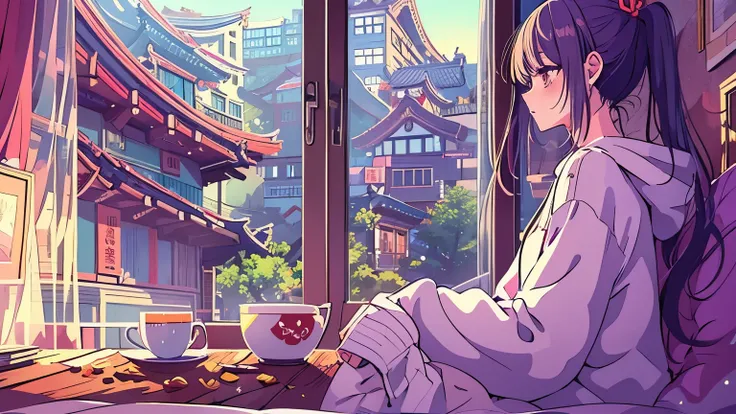  Detailed Anime Girl ,  wearing a large sweater , 、Wear T-shirts with devil words in them , praise, Quiet, Quiet雰囲気, cold,  Looking Out the Window in the Bedroom ,   knight , quiet   knight ,   masterpieces during breakfast ,  top quality, study