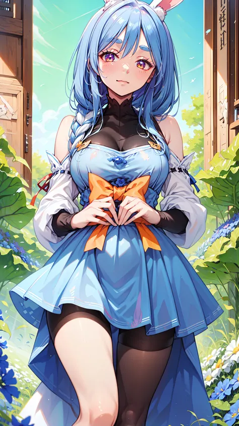      Unique          ,    pale   ,Rabbit ears ,   Top decorated with dark blue flowers and broad bands  {Ten}    Alice in a blue dress ，  with Black Decorations     ,     一位身穿低胸衣的miss     , Blue Ribbon,    miss，，   Top decorated with dark blue flowers and ...