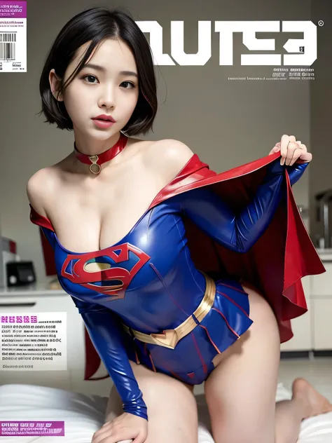 masterpiece、 latex supergirl costume 、 off-shoulder 、Ultra short hair、 Big and Rich Breasts 、 sweaty and shiny skin 、Look directly into the camera、 choker、Provocative cleavage、 Long Sleeve 、Cape、Glamorous bare legs、 in front of laboratory equipment in hosp...