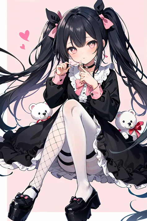 masterpiece, best quality, (jirai_kei),1girl, solo, long_hair, looking_at_viewer, shirt, black_hair, long_sleeves, bow, ribbon, twintails, sitting, monochrome, hair_bow, heart, pantyhose, frills, food, shoes, choker, blunt_bangs, black_skirt, pink_eyes, st...