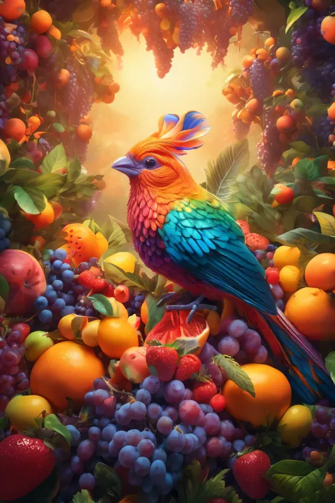 A surreal composition featuring a colorful bird with its wings blending seamlessly into vibrant fruits like oranges, grapes, and strawberries, glowing softly under warm, diffused lighting. The scene is set in a dreamy forest backdrop, highly detailed, ultr...