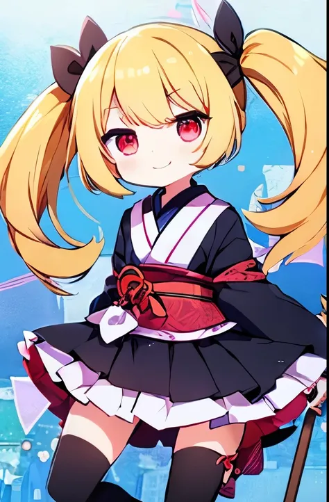 Black colorless background, no background, idol style anime character girl, blonde hair, kimono, short twin tail blonde hair, short twin tail, twin tail, red ribbon red eyes, 5 fingers, full body composite, high quality full face, smiling, looking happy, a...