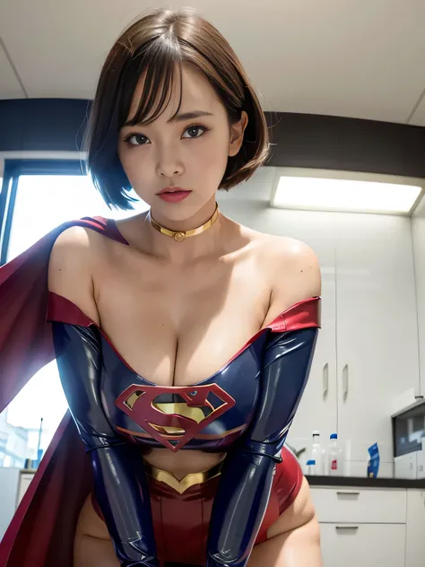 masterpiece、 latex supergirl costume 、 off-shoulder 、Ultra short hair、 Big and Rich Breasts 、 shiny sweaty skin 、Look directly into the camera、 choker、Provocative cleavage、 Long Sleeve 、Cape、Glamorous bare legs、 in front of laboratory equipment in hospital...