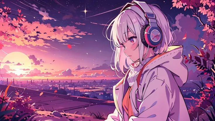 A detailed anime for girls, Wearing a white coat, Wear headband headphones, lofi, tranquil, Quiet atmosphere, Chilling, Looking at the sky in the desert, Night, Quiet night, cat, Masterpiece, Best quality