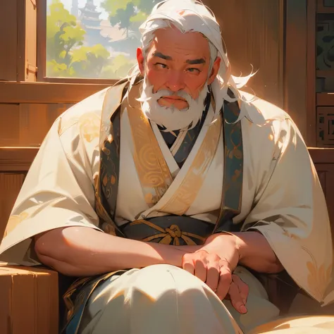 a white-bearded old man, detailed face, detailed clothing, traditional chinese womens clothing, beautiful detailed eyes, beautiful detailed lips, extremely detailed eyes and face, long eyelashes, middle-aged man, serene expression, dignified, sitting cross...