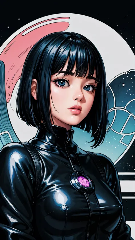 ((best quality)), ((masterpiece)), (detailed), perfect face of cyberpunk mecha japanese girl, shiny black eyes, shiny black body, shiny black hair, ((monochromatic black color palette)), surreal, art nouveau, in the illustrative style of moebius, spaceship...