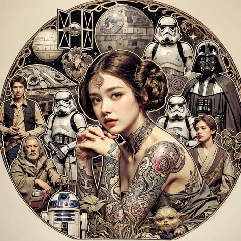 Japanese painting expression 、 Mucha-like design 、 young woman、、 Seated in a Star Wars Princess Leia costume 、Tattoo、 Stormtrooper 、Darth Vader、 Han Solo 、 Jabba the Hut、yoda、 Surrounded by other Star Wars characters、Death Star 、 x Wingfighter 、Precision i...