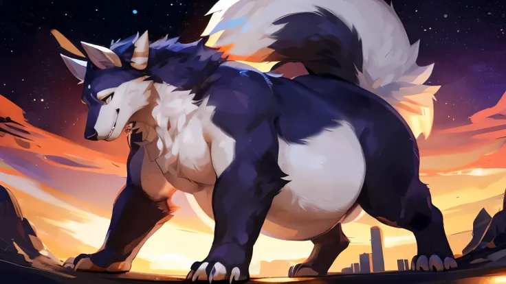 4k ultra quality, 4k full body view,ultra high detailed body,singo person,(wolftaur), detailed body, (ultra detailed taur belly),neon fur,glowing neon mark, white belly fur, (round taur belly),ultra bigger taur belly,(hyper taur belly), (enormous taur body...