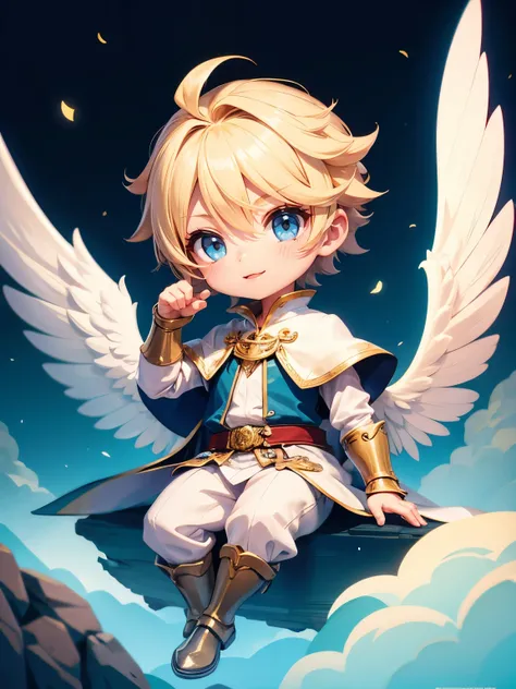 A Chibi boy, cute character , Boy gender male, blonde with blue eyes, with white wings on its back, dressed in princes clothes, medieval clothes , fancy, sitting on a cloud