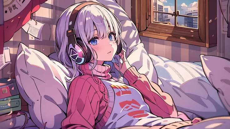  Detailed Anime Girl ,  wearing a large sweater , Wear headband headphones, praise, Quiet, Quiet雰囲気,  horrible,   looking out the bedroom window  ,   knight , Quiet   knight ,   masterpieces during breakfast ,  top quality