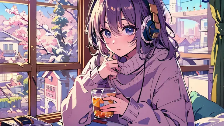  Detailed Anime Girl ,  wearing a large sweater , Wear headband headphones, praise, Quiet, Quiet雰囲気,  horrible,   looking out the bedroom window  ,   knight , Quiet   knight ,   masterpieces during breakfast ,  top quality