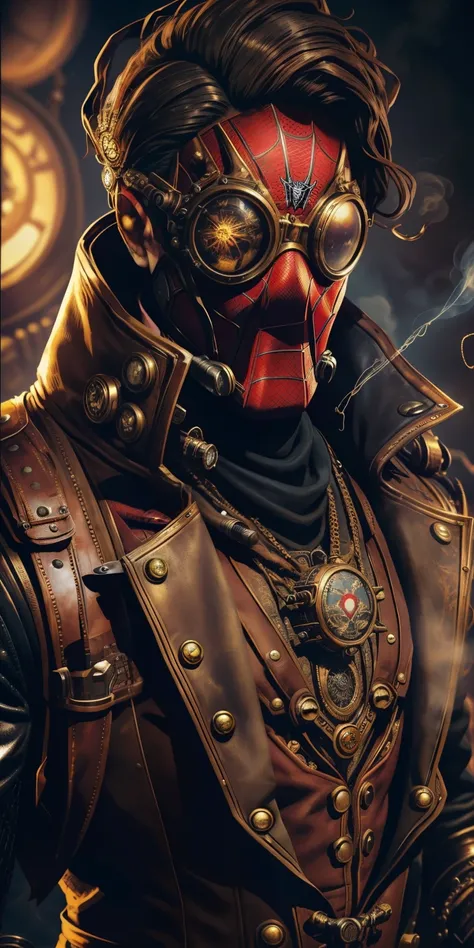 Spider-Man Steampunk sports a leather and brass suit adorned with mechanical details. Its chest features a spider gear that is a steam generator. He uses steam cannons on his wrists as "spiderwebs". His mask has smoked lenses and aviator-style goggles.. Ba...