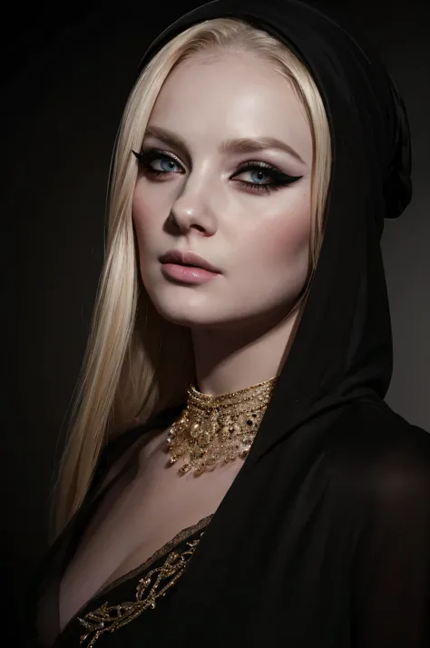 a blonde woman with a black turban , poses for a picture,,pale,eyeliner,portrait,no-makeup , makeup ,pale woman painting, eyeliner wonderful highly detailed masterpiece, beautiful light deep focus, elegant, digital painting, smooth, dramatic lighting, ultr...