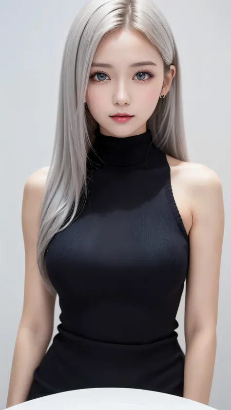 forehead、white hair:1.0、(((long hair:2.0、full body:2.0、 Silver Hair、white hair、 see-through:2.0、huge breasts:10.0、black high neck sleeveless knitted dress)))、lean over、big breasts、Fair skin:1.0、white skin:10.0、 pretty girl、White:1.0、 russian:100.0、beautifu...