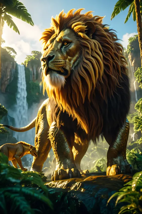 A cinematic depiction of a majestic lion and a towering dinosaur, locked in a fierce yet awe-inspiring moment of mutual respect, the lion’s golden mane glowing under radiant sunlight, the dinosaur’s scaly texture detailed with earthy hues, set in a lush, p...