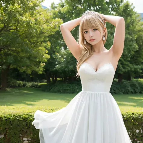 A girl,wedding dress,european countryside,blonde,bangs bangs,pretty face,thick and muscular upper arms,tiara,armpit,hands behind head