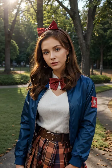 Young Canadian woman of 20 in a blue skirt with a belt on her skirt and an open jacket , mahogany hair,  large earrings cheerlander hairstyle with a red bow on her head in a beautiful sunset light makeup on her eyes and light makeup on her cheekbones looki...