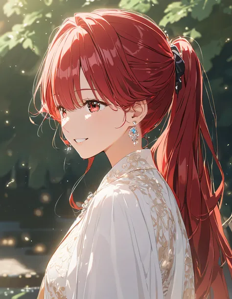 Age 23, girl、 redhead、 long hair, ponytail, earrings for a woman alone , upper body, smile , A mean smile,Anime Images