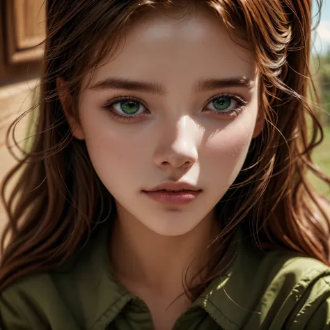 (obra maestra, Mejor calidad:1.2), 25 year old woman with oval face with big bright green eyes, copper brown hair, dressed in country clothes
