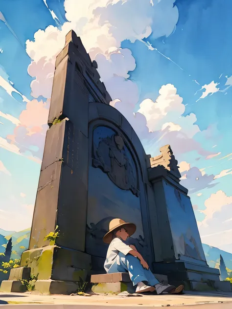 from below,Alone,On the Cliff、blue sky、a small grave、Person Praying in Front of a Grave 、Beautiful sky、cloud、 nostalgic ,like a painting, watercolor painting style, The Art of Mathematics, Official Art, Masterpiece, beautiful, ((watercolor)), paint splashe...