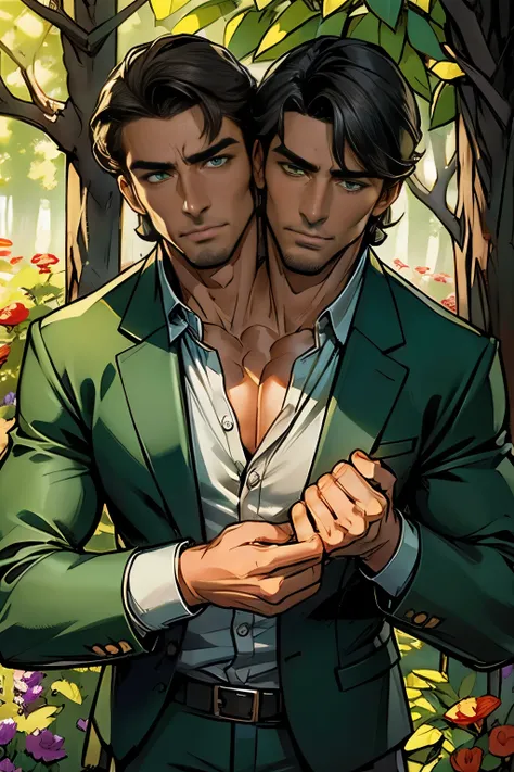 ((2heads)),master-piece, bestquality, (handsome, highres, ultra-detail), 1male, mature adult, Very handsome, Men with high muscles, Wide shoulders, Finely detailed eyes and detailed face, Dark gray hair, green eyes, handsome, Suit, fantasy, Long sleeve shi...