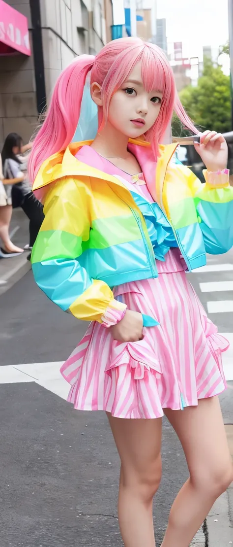 Pure idol girl（ shiny hair）、、Thick legs、striped candy swimsuit（ fluorescent pink and yellow and light blue）、、、fancy ruffle jacket、、Good style、A pure girl&#39;s face