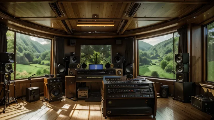 a radio studio with a view of the countryside, highly detailed, photorealistic, 8k, masterpiece, dramatic lighting, intricate details, lush greenery, vast landscape, sunlight streaming through windows, sound equipment, microphones, mixing console, analog s...