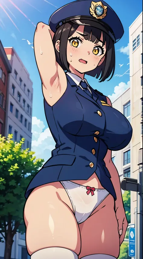 ( perfect body), top quality,( 8K Portrait ),( official art)、(((Muscular)))、(Police hat)、Surprised、 one girl 、  photo showing test style  、((thick thighs))、:THE、Wavy Mouth,(sweat),(((( big breasts))))、( big butt )、 thick thighs、(dark hair),(( bob cut )), s...