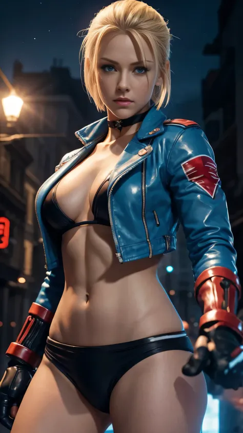 score_9, score_8_up, score_7_up, score_6_up, score_5_up,  [ Cammy White],[blonde hair, short hair, blue eyes],Cammy White from Street Fighter 6,[blue Jacket, open jacket,cropped jacket, choker, black gloves, black bikini top only, black pants, fingerless g...