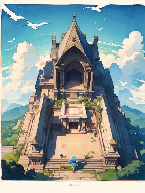 ((bird eyes view:1.3)),from above,Alone,On the high Cliff、blue sky、a small tomb、Person Praying in Front of a tomb、Beautiful sky、cloud、 nostalgic ,beautiful sea,like a painting, watercolor painting style, The Art of Mathematics, Official Art, Masterpiece, b...