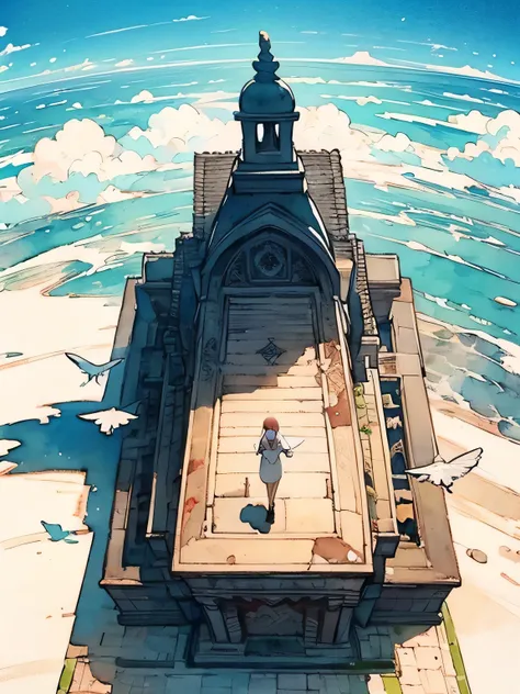 ((bird eyes view:1.3)),from above,Alone,On the high Cliff、blue sky、a small tomb marker、Person Praying in Front of a tomb marker,Beautiful sky、requiescat in pace,cloud、 nostalgic ,beautiful sea,like a painting, watercolor painting style, The Art of Mathemat...