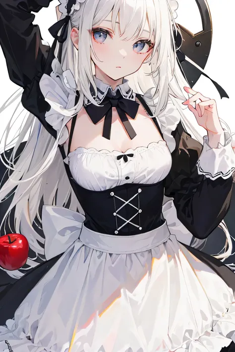 1girl, solo, white hair, very long hair, maids outfit, close-up of face, looking at viewer, holding apple
newest, highres, absurdres, highly detailed, best quality