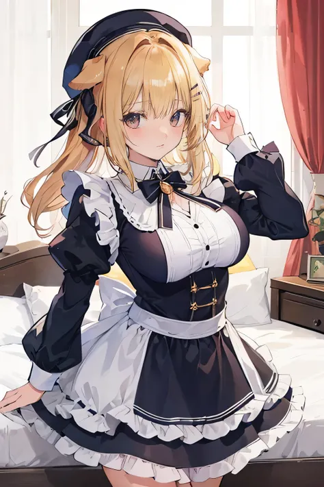 masterpiece, best quality, roxanne, dog ears, hat, mob cap, maid uniform, large breasts, juliet sleeves, bedroom, smile