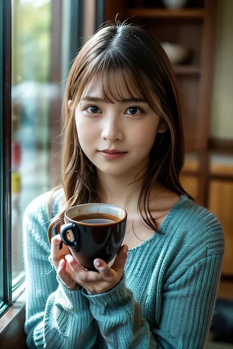 break ,(moe-sode:1.3),

“A young, beautiful girl with long, silky hair, wearing a fluffy white sweater. Her oversized sleeves partially cover her hands, creating a cute and cozy ‘moe’ vibe. She is gently holding a steaming cup of coffee. The setting is war...