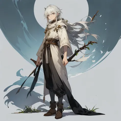 a human boy druid with silver hair and gray eyes and fair skin full body