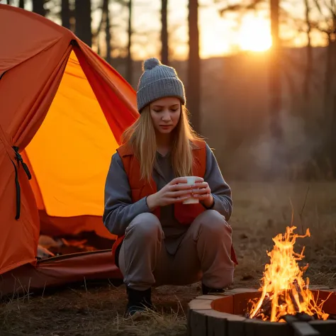 Une photographie professionnelle de plein air dune belle jeune femme blonde campant dans les bois; elle porte une veste en polaire, un pantalon de survêtement et un bonnet en laine grise; elle est assise devant sa tente orange; elle tient une tasse de café...