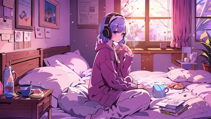  Detailed Anime Girl ,  wearing a large sweater , Wear headband headphones, praise, Quiet, Quiet雰囲気,  horrible,   looking out the bedroom window  ,   knight , Quiet   knight ,   masterpieces during breakfast ,  top quality