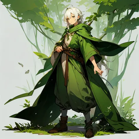 a human boy druid with silver hair and gray eyes and fair skin full body in a forest, wearing a green outfit with leaves