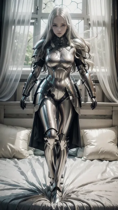  There is a woman in a silver costume standing on a bed,   Womens rider bikini armor  , skintight  silver armor, with sleek  silver armor,   dressed in ethereal battle armor  , covered in full  silver armor,  in knight armor , Dressed in Light Armor , ange...