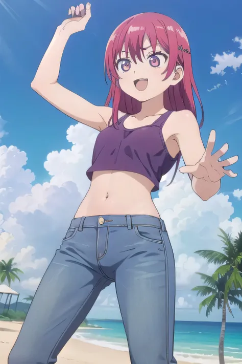 masterpiece,best quality,ultra detail,1girl, 14yo,petite, smile happily,background((under the beach, (day:1.2), under sand beach, bright sky)), Saki Saki, red eyes, red hair, straight long hair, Raise up your two arms and bring them behind your head, White...